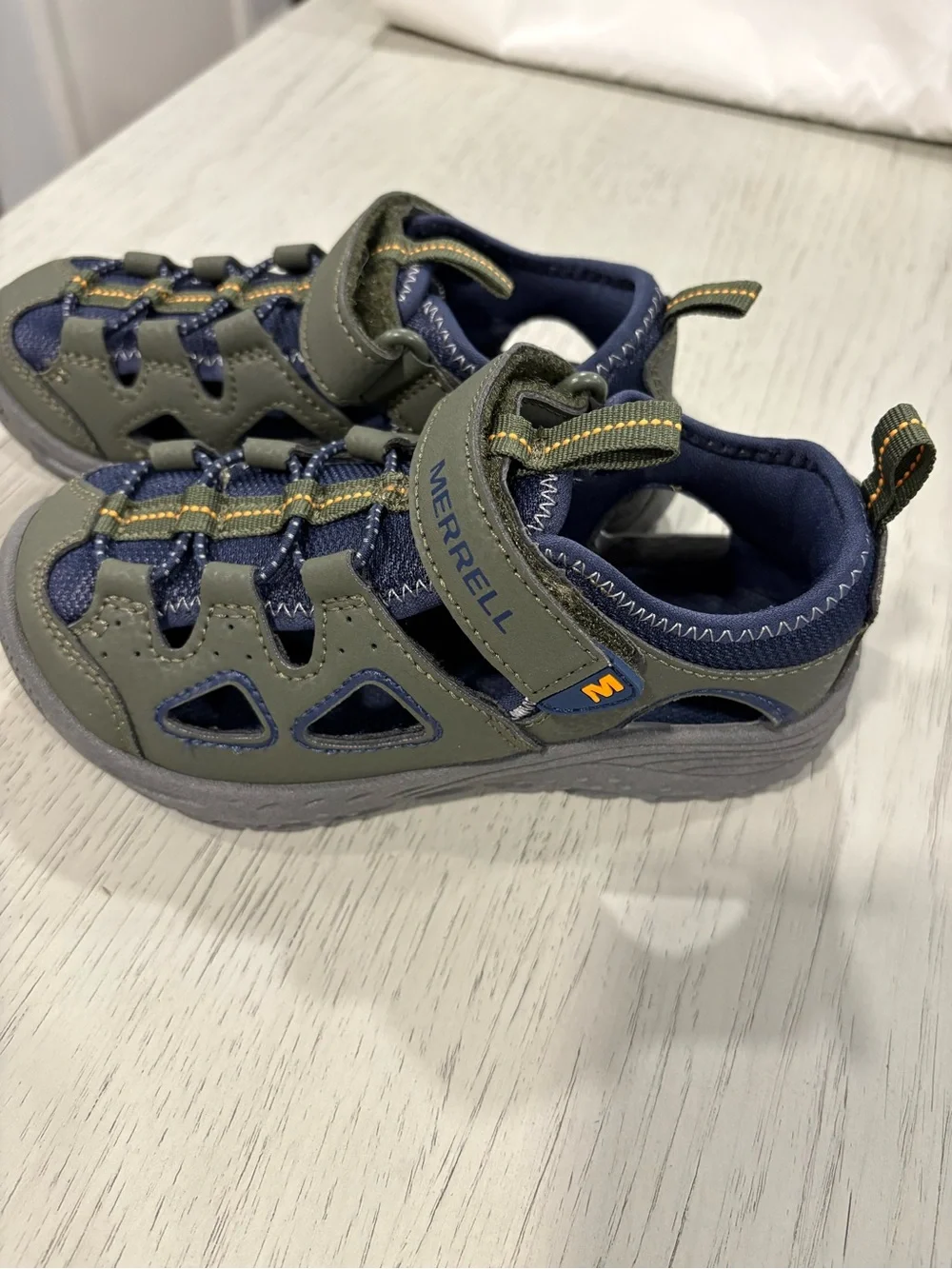 Merrell Kids Olive and Navy Hook-and-Loop Sport Sandals